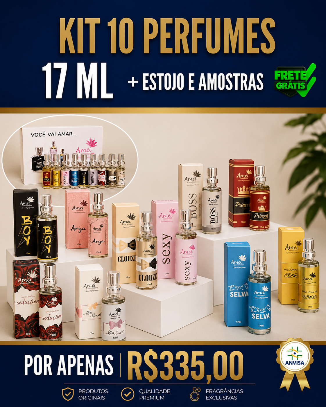 Kit 10 Perfumes 17ml + Estojo e Amostras